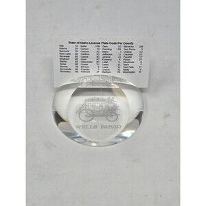 VINTAGE WELLS FARGO CLEAR GLASS PAPERWEIGHT BUSINESS CARD HOLDER STAGECOACH BANK